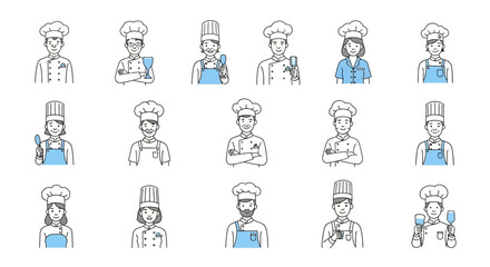 Diverse Chefs Illustration Line Art Portraits with Blue Accents on White Background.