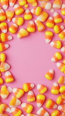 Obraz premium Vibrant candy corn pieces scattered artfully on a soft pink background, creating a playful and symmetrical autumn-themed composition with sweet triangular treats