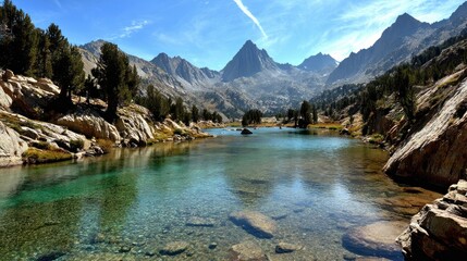 Serene mountain lake reflecting clear sky, surrounded by rocky terrain and pine trees