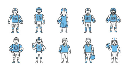 Vector Illustration of American Football Players in Uniforms Isolated on White.