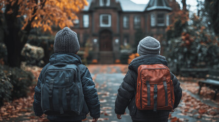 Two children with backpacks walking to school in autumn