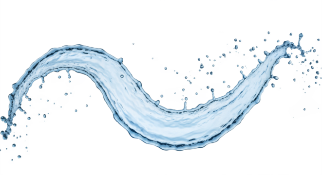 Dynamic Water Splash with Droplets in Motion Against White Background, Symbolizing Movement, Freshness, and Natural Energy