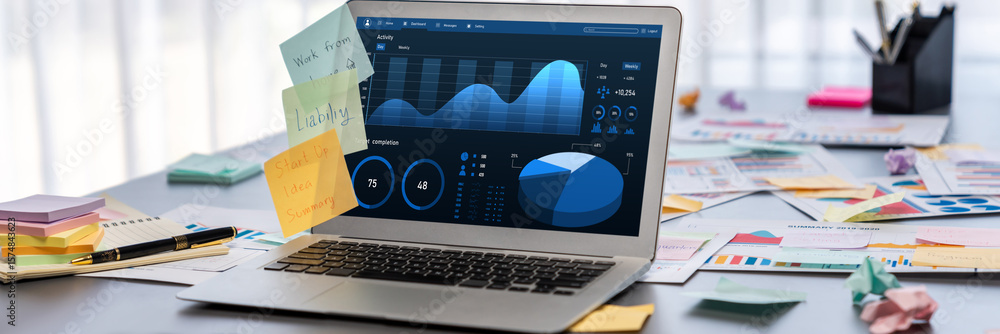 Poster sticky note for creative and analytic brainstorm for business idea with bi data dashboard on laptop 