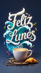 Happy Monday: 3D Rendered Typography, Latte, Croissant, Crayons, and Ocean Waves; Vibrant, Playful Mood.