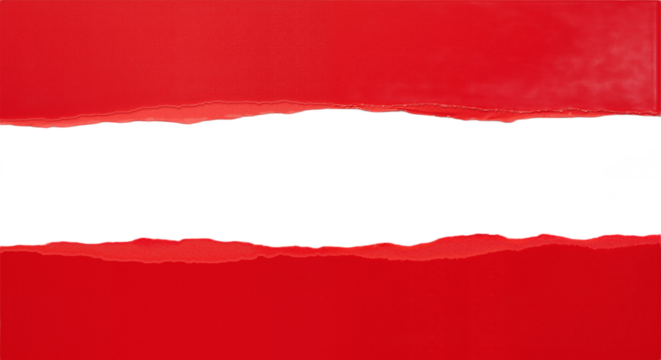 Bold Red Background with Torn Paper Strips Against White, Symbolizing Creativity, Disruption, and Conceptual Storytelling.