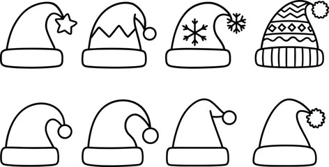 Santa Hat Outline Vector Set – Black and White Christmas Hat Clipart Collection