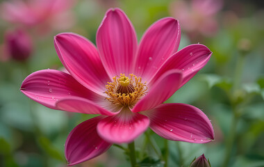 Vibrant Pink Dahlia Blossom with Dewdrops, Close-up Macro Photography, Soft Focus Background