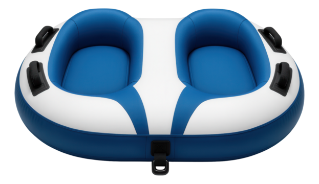 Double-rider inflatable towable with a flat bottom and contrasting blue and white design for seaside use