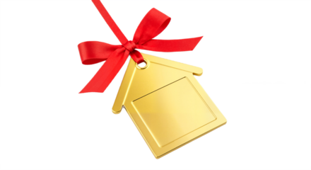 Golden House-Shaped Gift Tag with Red Ribbon Bow Against White Background, Symbolizing Celebration, Festivity, and Elegant Gifting