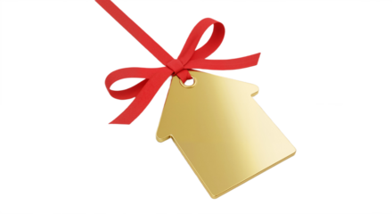Golden House-Shaped Gift Tag with Red Ribbon Bow Against White Background, Symbolizing Celebration, Festivity, and Elegant Gifting