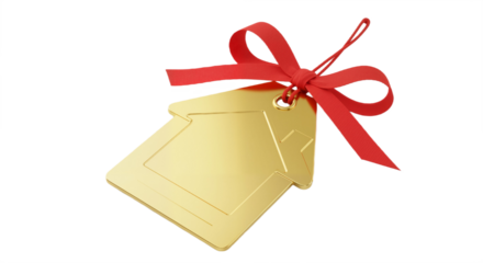 Golden House-Shaped Gift Tag with Red Ribbon Bow Against White Background, Symbolizing Celebration, Festivity, and Elegant Gifting