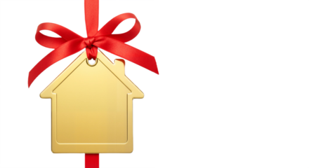 Golden House-Shaped Gift Tag with Red Ribbon Bow Against White Background, Symbolizing Celebration, Festivity, and Elegant Gifting