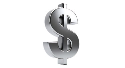 A gleaming silver dollar sign stands prominently against a stark black background in a studio shot on transparent background