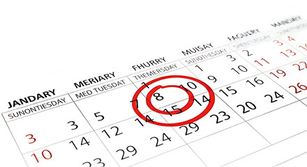 Close up of a january calendar with the date circled in red indicating an important appointment date on transparent background