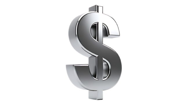 A gleaming silver dollar sign stands prominently against a stark black background in a studio shot on transparent background