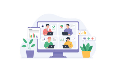 Video Conference Meeting with Team on Computer Screen with Charts and Plants