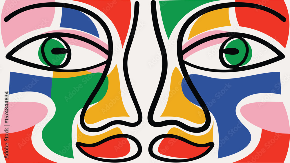 Aufkleber abstract face with colorful geometric shapes and bold black outlines creating a symmetrical portrait