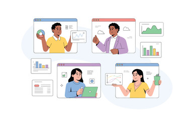 Diverse Team Collaboration Illustration: Online Meetings, Data Analysis, and Remote Work Concept