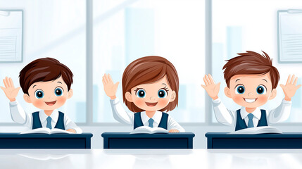 Cartoon school children raising hands in classroom
