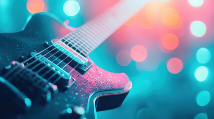 Fototapeta premium Wet electric guitar reflecting colorful stage lights during a live music performance, creating a vibrant and surreal atmosphere