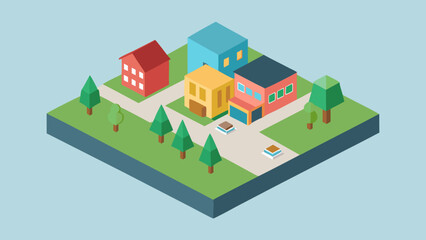 Isometric vector illustration of an urban city map with houses, buildings, and streets, ideal for architecture and real estate design