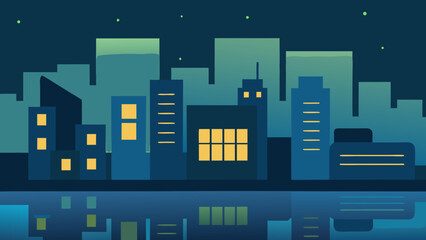 Urban cityscape at night with illuminated buildings and a sprawling skyline