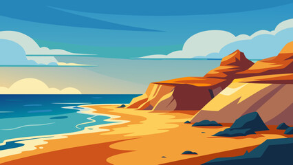 Beautiful sunset over the calm sea, a serene beach landscape with a vibrant sky and distant mountains