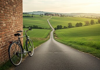 Idyllic Countryside Journey: A Classic Bicycle Leaning Against a Brick Wall Beside a Winding Road Through Lush Green Hills, Capturing the Essence of Rural Travel and Serenity at Sunset.