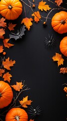 Autumn Halloween composition with vibrant orange pumpkins, fallen maple leaves, spooky bat silhouette, and creepy spider decorations on dark background