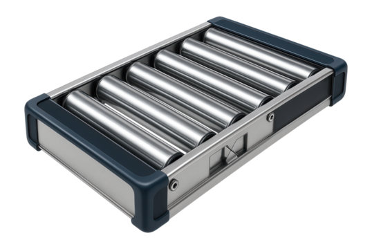 Gravity conveyor rack with anti-corrosive rollers and interlocking frame design for a marine equipment storage area.