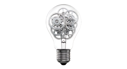 A lightbulb filled with intricate silver gears against a stark black background symbolizing innovation on transparent background