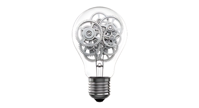 A lightbulb filled with intricate silver gears against a stark black background symbolizing innovation on transparent background - Powered by Adobe