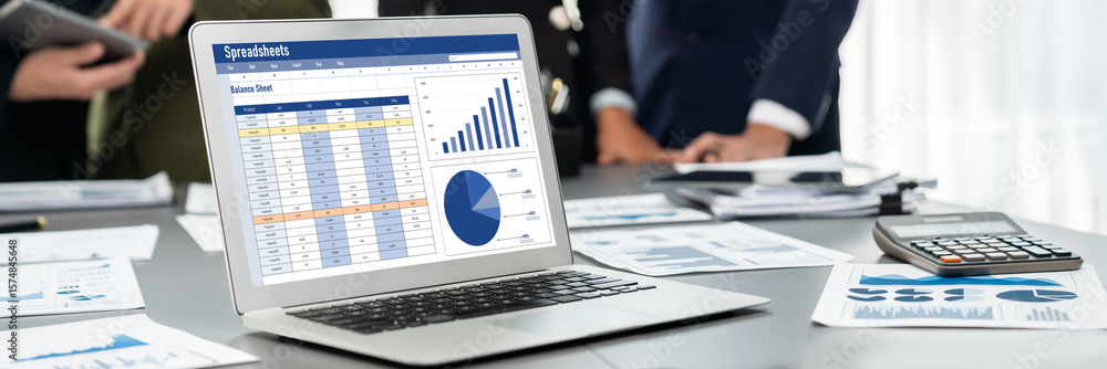 Poster panorama shot analyst team utilizing bi fintech to analyze financial report with laptop. businesspeo