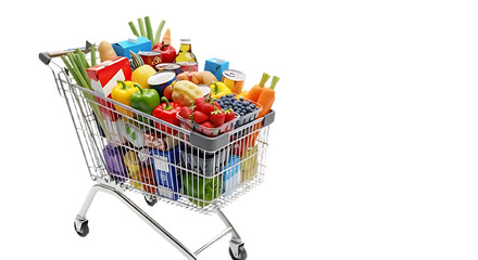 A shopping cart filled with a variety of groceries including fruits vegetables and packaged goods items on transparent background