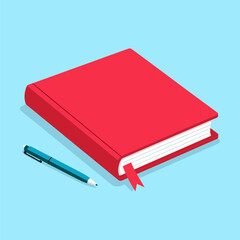 Red Notebook and Pen on Blue Surface