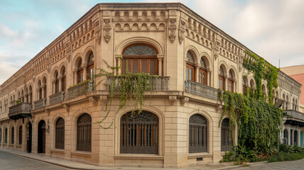Fototapeta premium Ornate corner building with arched windows and lush greenery