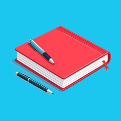 Red Notebook and Pen on Blue Surface