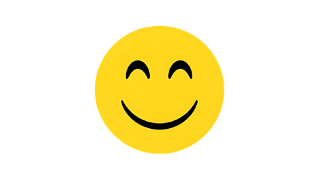 A yellow smiley face with closed eyes and a smile on a black background expressing happiness and contentment on transparent background