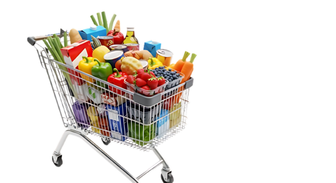 A shopping cart filled with a variety of groceries including fruits vegetables and packaged goods items on transparent background
