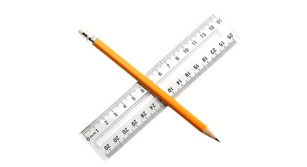 A pencil laying across a white ruler with black markings on a black background in a studio shot scene on transparent background