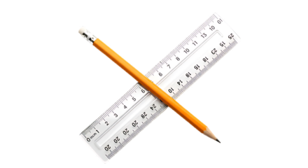A pencil laying across a white ruler with black markings on a black background in a studio shot scene on transparent background