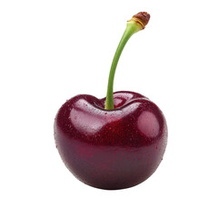 A single ripe dark red cherry with a green stem and water droplets on its surface isolated on transparent background