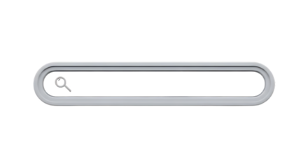 A close up of a gray metal search bar with a magnifying glass icon on a black background in studio shot on transparent background