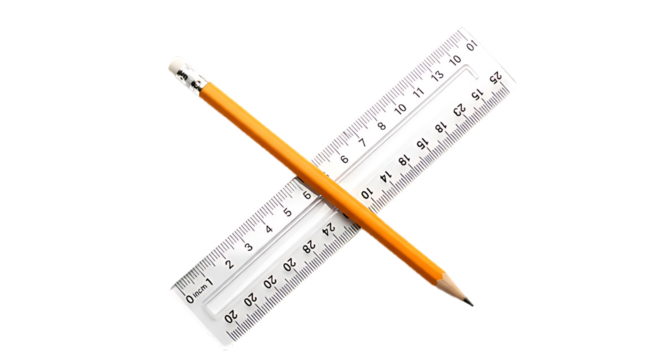 A pencil laying across a white ruler with black markings on a black background in a studio shot scene on transparent background