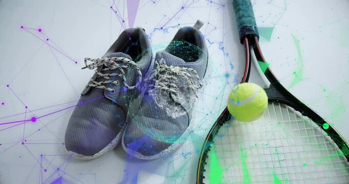 Scene opening graphics fading on sneakers racket ball pulsating dispersing showing data flow