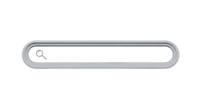 A close up of a gray metal search bar with a magnifying glass icon on a black background in studio shot on transparent background