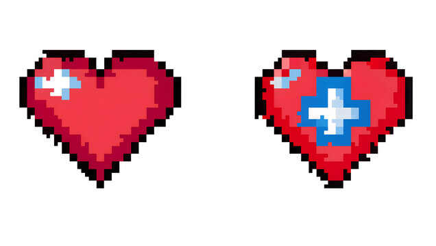 Two pixel art hearts, one with a blue cross symbol, representing health and healing, isolated on white - Powered by Adobe