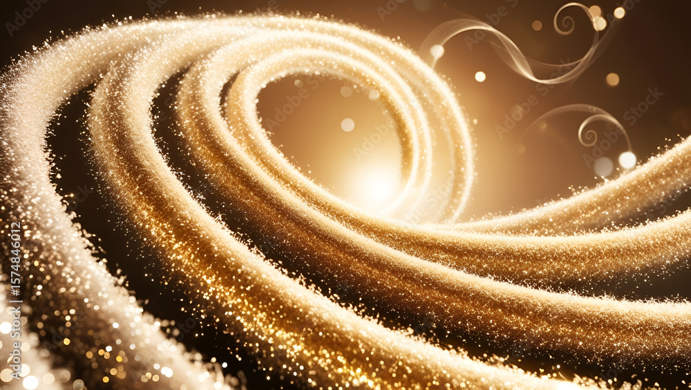 Poster white shiny spiral wave with glowing speed lines and magical golden highlights, bokeh swirl effect o