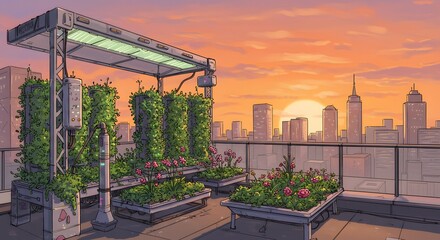 Fototapeta premium Urban Rooftop Garden at Sunset Over City Skyline