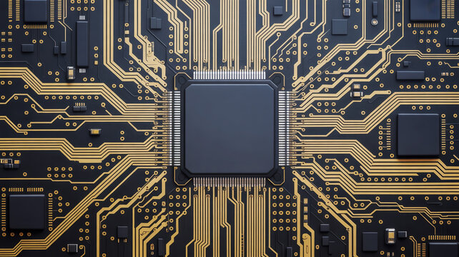 Close up view of a sophisticated black circuit board with intricate gold pathways and a central processor